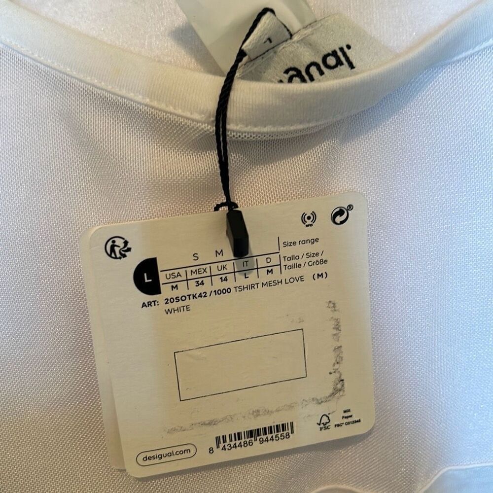 Desigual Women's L Sheer Mesh Love Tee Shirt Faux Leather Graphic Lettering New - Picture 6 of 9